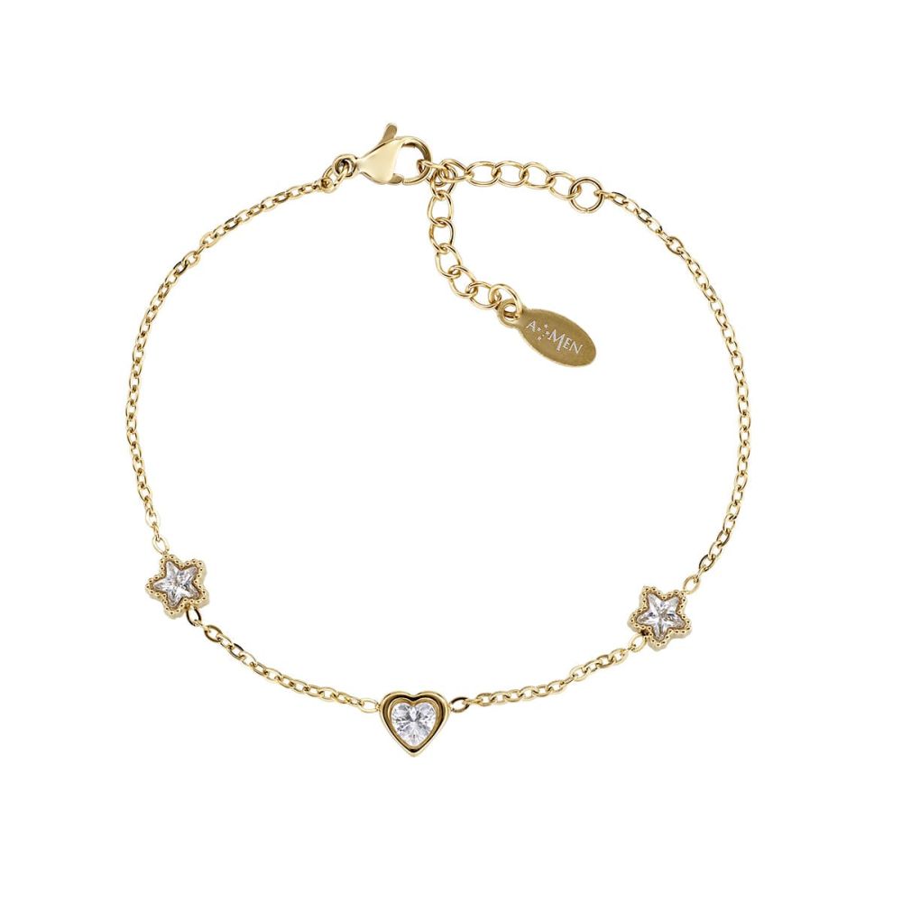 Amen Bracciale Acciaio GOld Cuore e Stelle Bianche 
