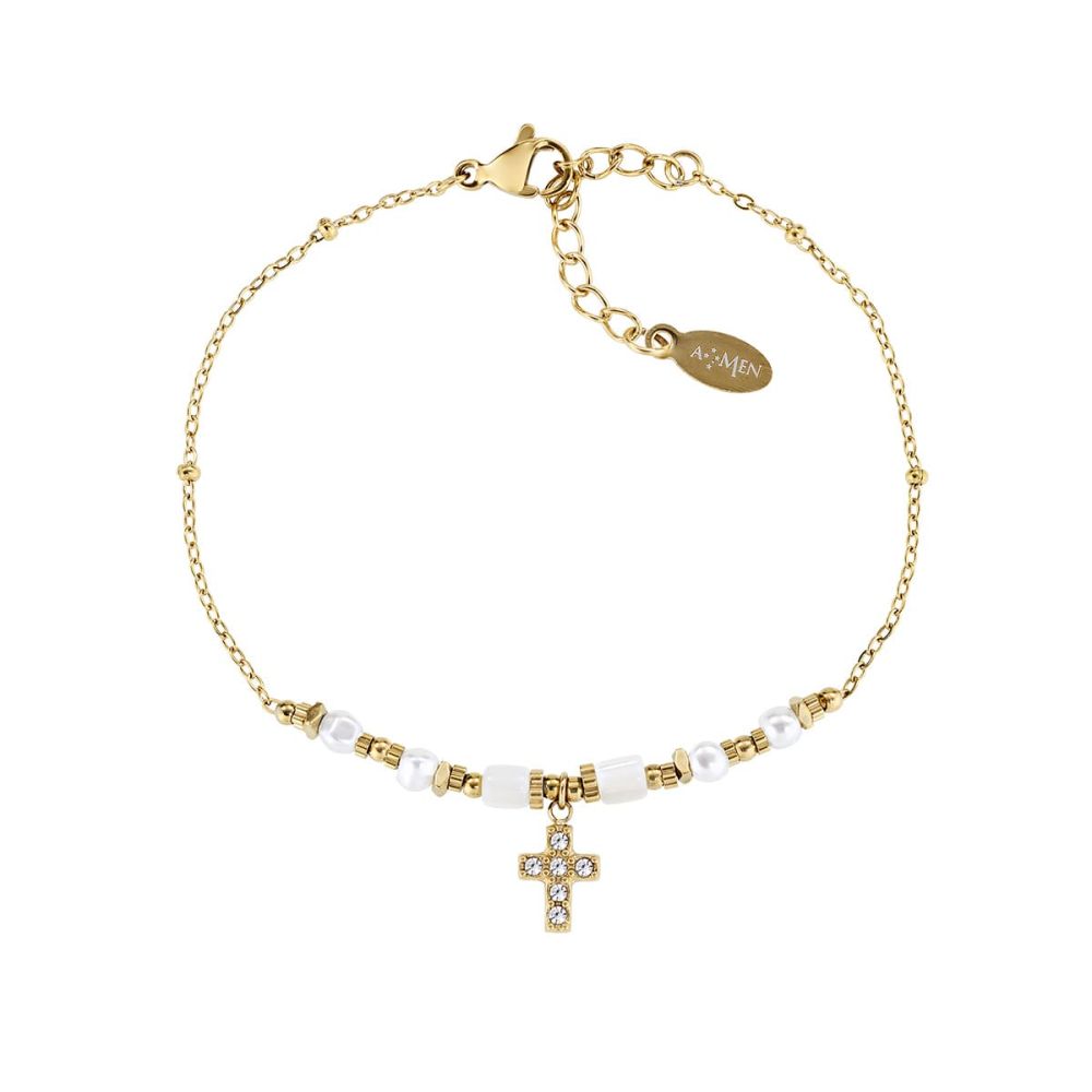 Amen Bracciale Acciaio Gold Croce e Agata