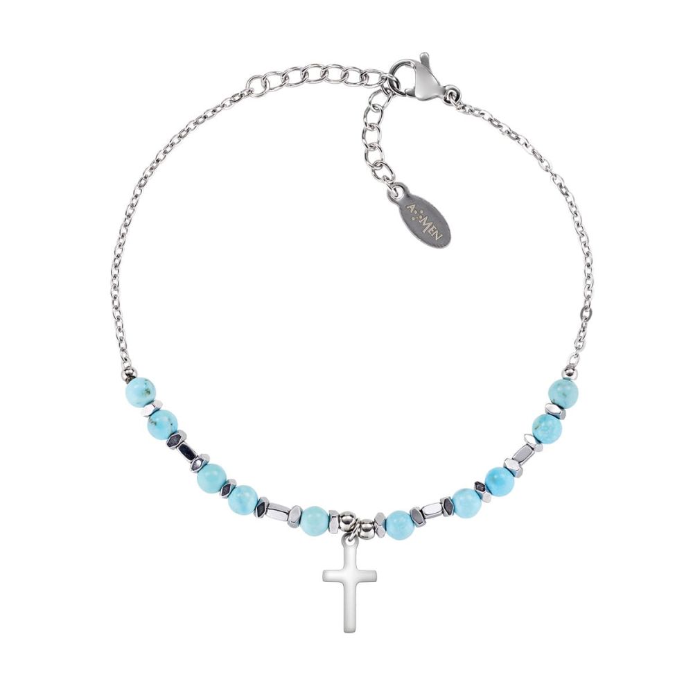 Amen Bracciale Acciaio Croce e Agata Turchese