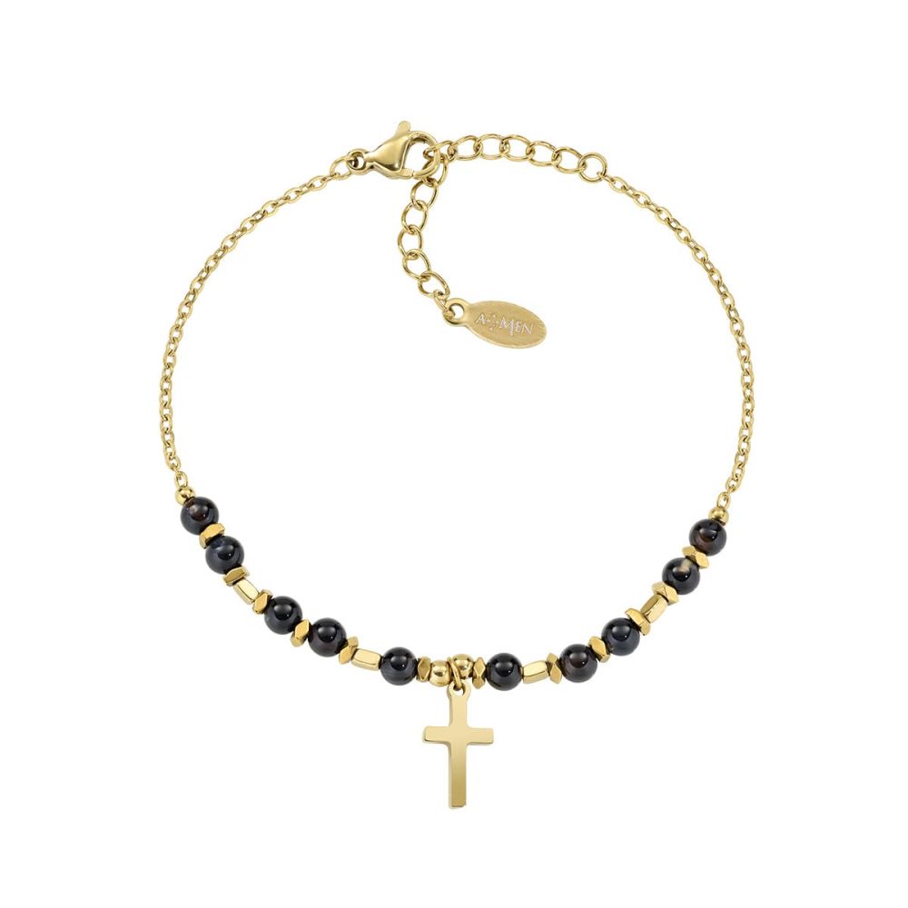 Amen Bracciale Acciaio Gold Croce e Onice