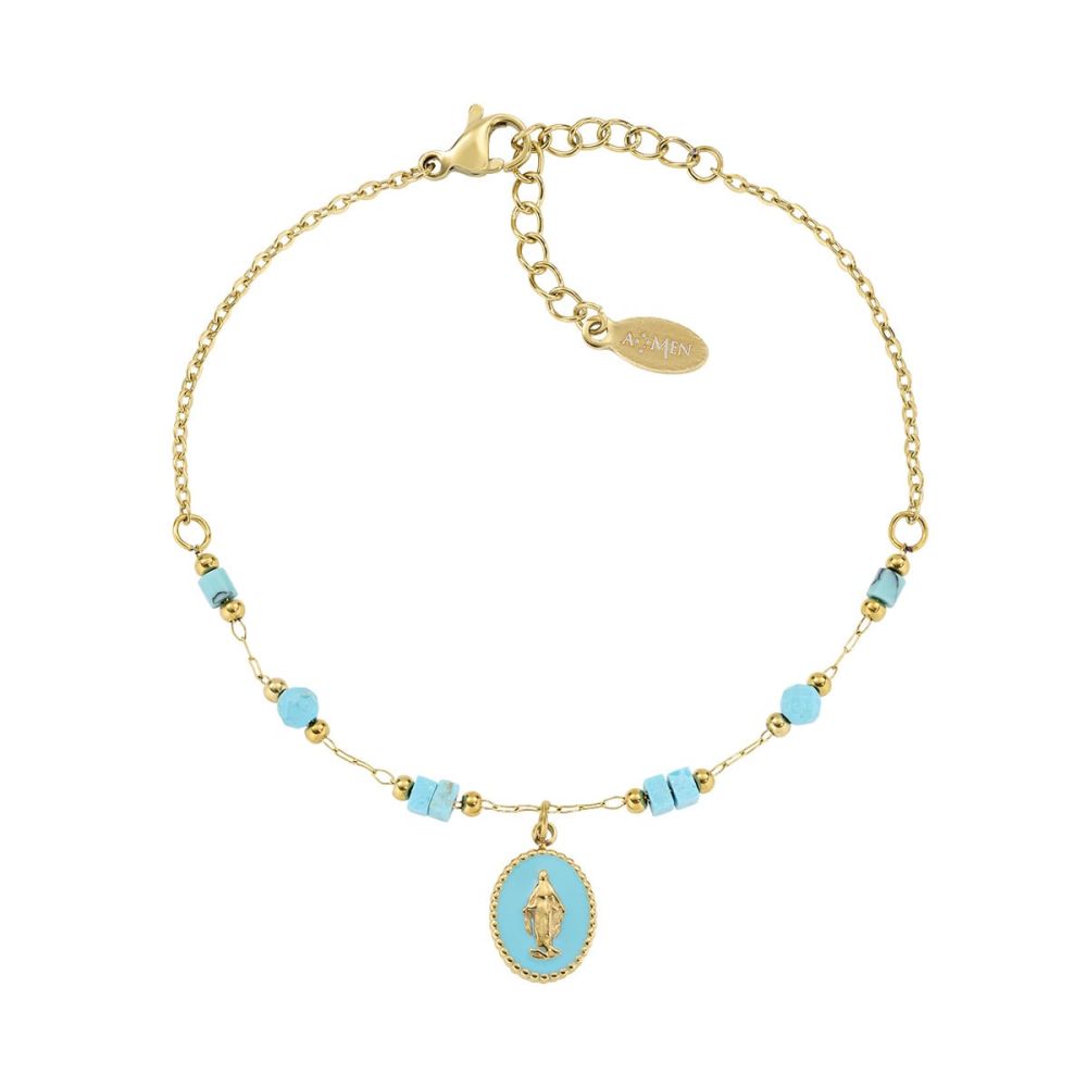 Amen Bracciale Acciaio Gold Madonnina Agata Turchese