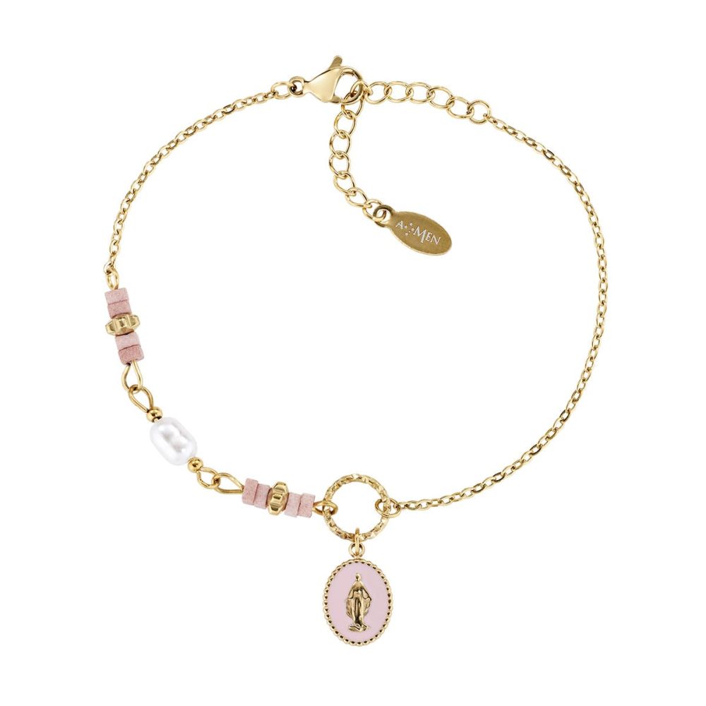 Amen Bracciale Acciaio Gold Madonnina Agata Rosa