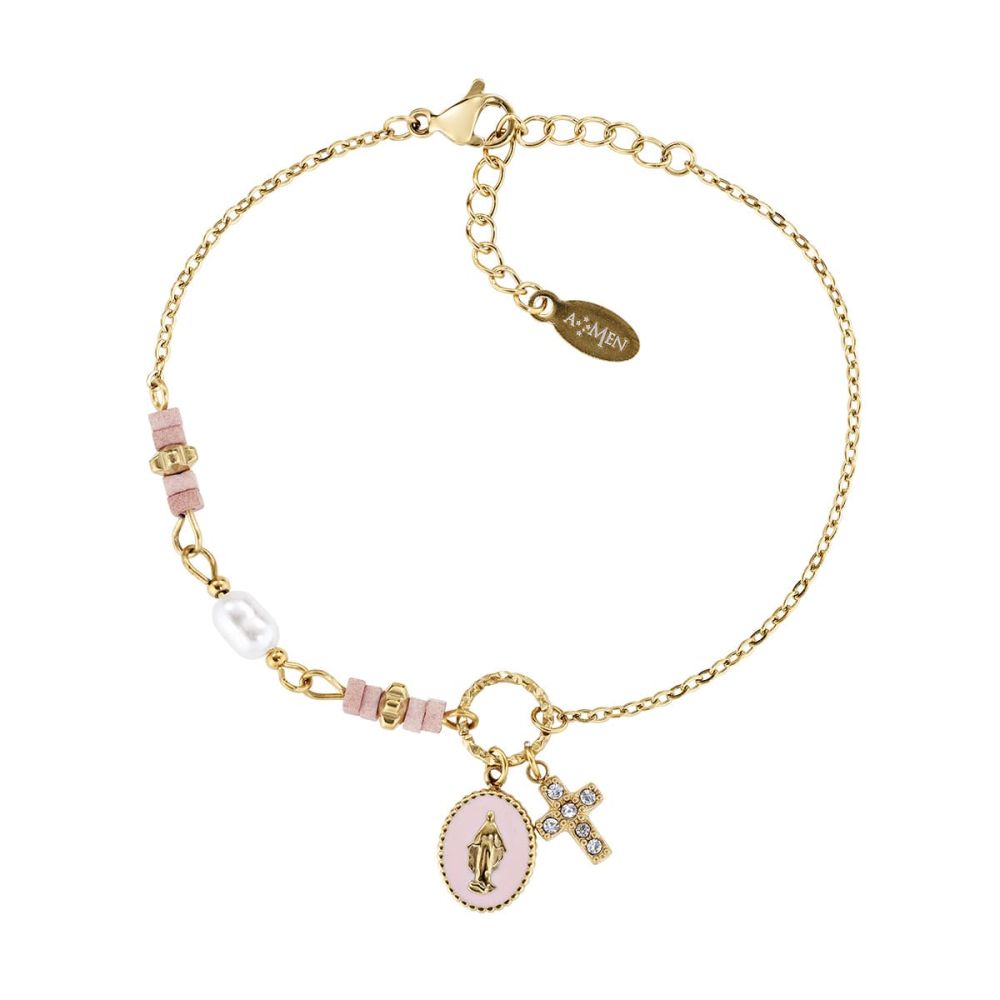 Amen Bracciale Acciaio Gold Madonnina Croce e Agata Rosa