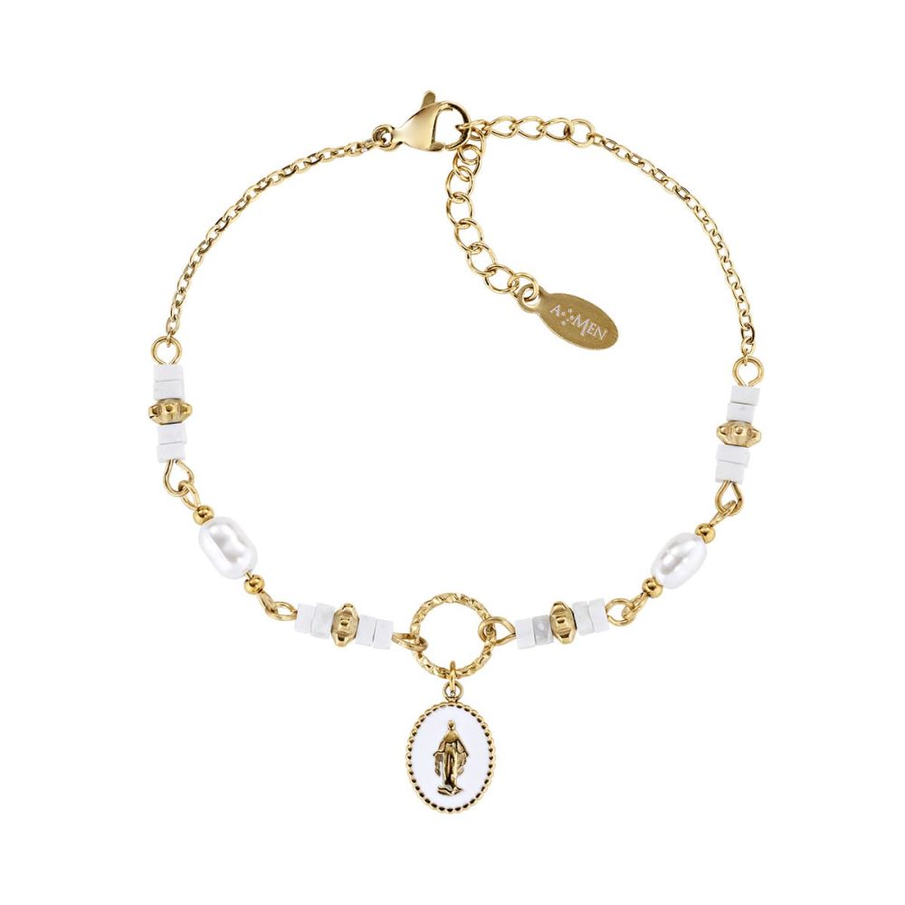 Amen Bracciale Acciaio Gold Madonnina Perle e Agata
