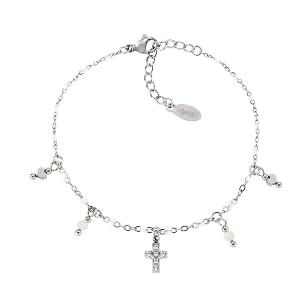 Amen Bracciale Acciaio Croce Agata e Cuore