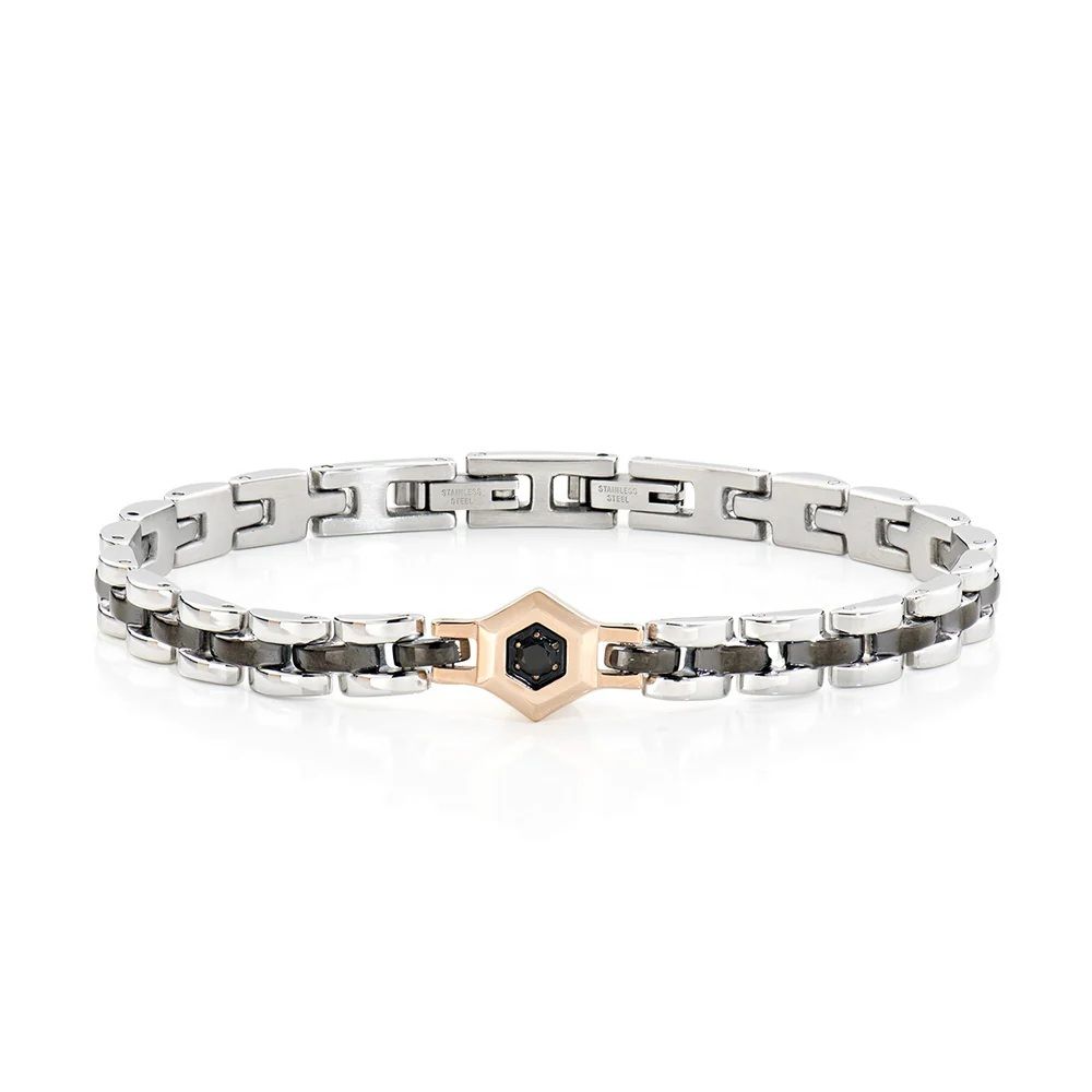 Amen Bracciale Acciaio Ip Nero e Zircone