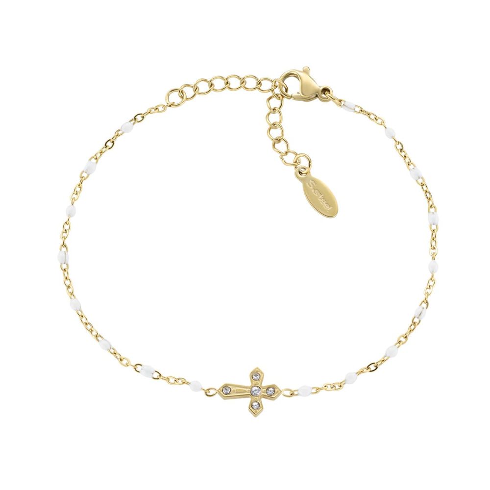 Amen Bracciale Acciaio Gold Croce Zirconi e Smalto