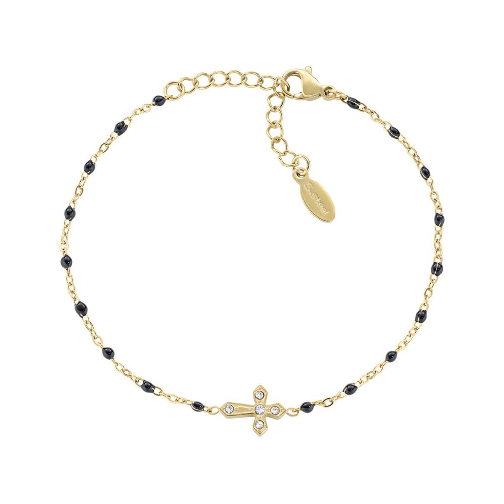 Amen Bracciale Acciaio Gold Croce Zirconi e Smalto