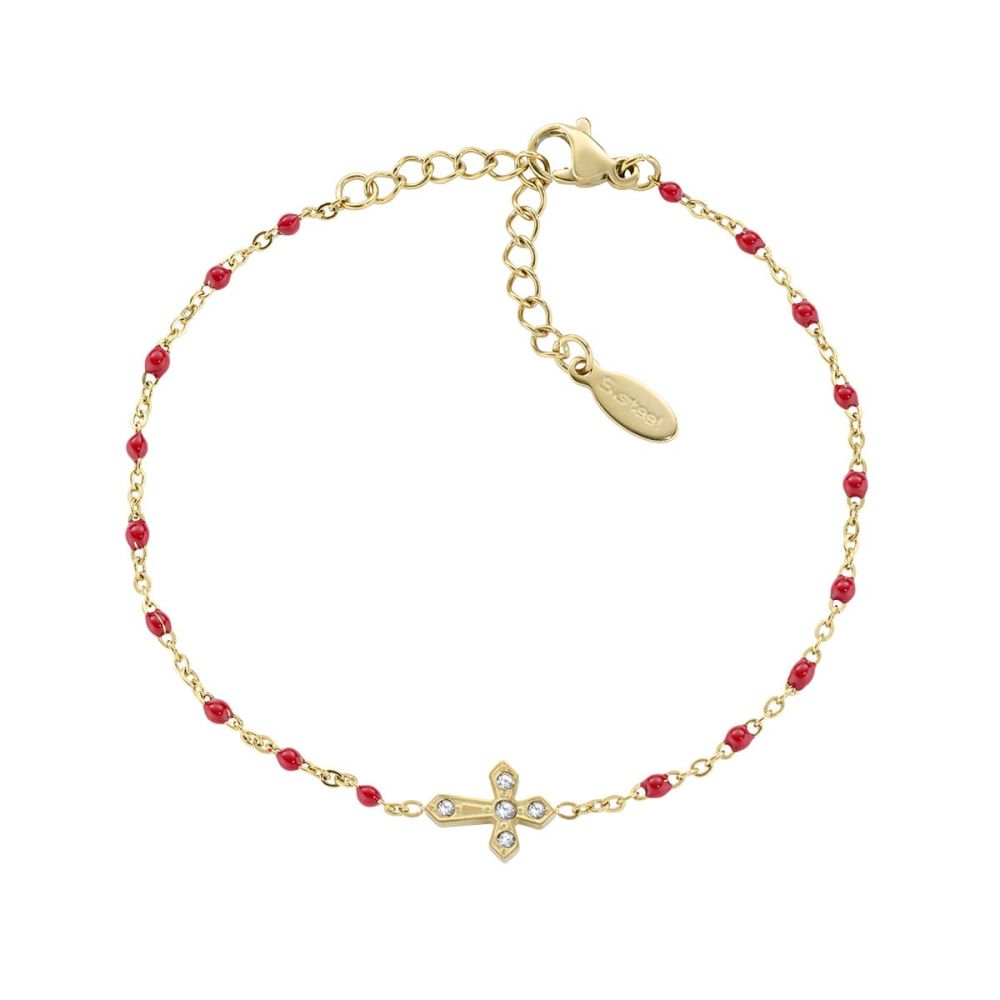 Amen Bracciale Acciaio Gold Croce Zirconi e Smalto