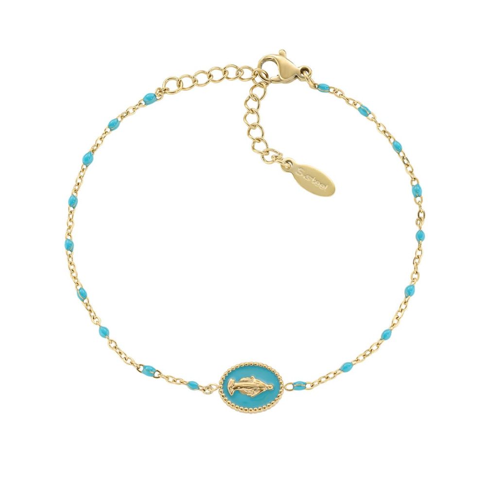 Amen Bracciale Acciaio Gold Madonnina Smalto Petrolio