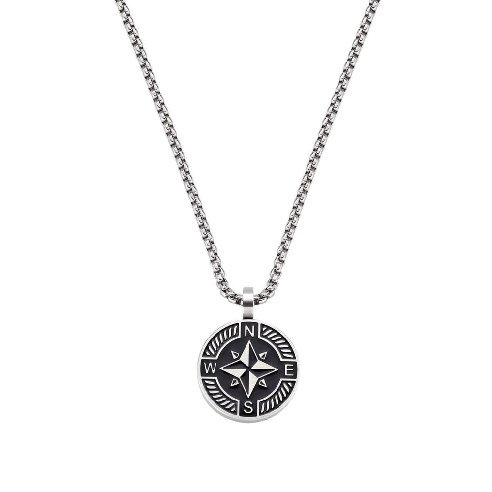 Amen Collana Acciaio Rosa dei Venti e Smalto Nero