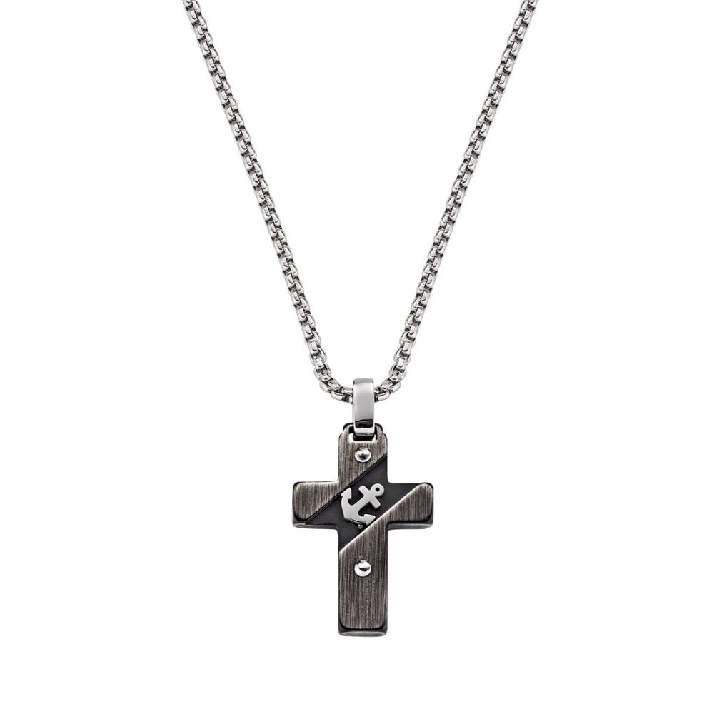 Amen Collana Acciaio Croce Pvd Nero con Ancora