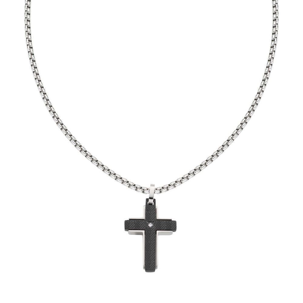Amen Collana Uomo Acciaio Croce Nera e Zircone