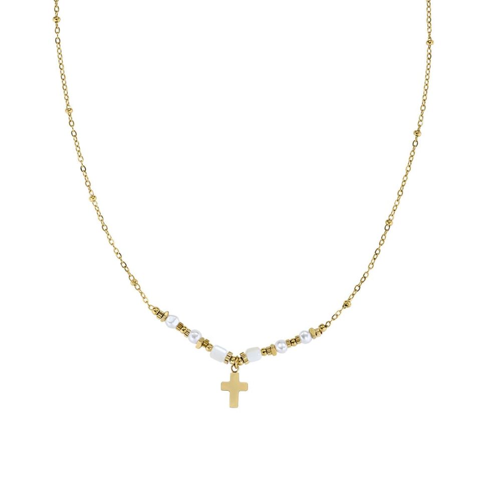 Amen Collana Acciaio Gold Croce e Agata Bianca