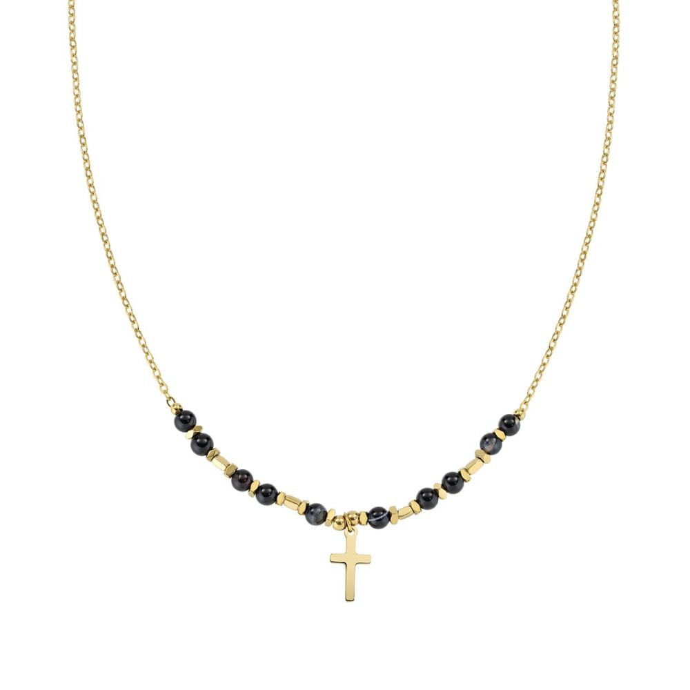 Amen Collana Acciaio Gold Croce e Onice
