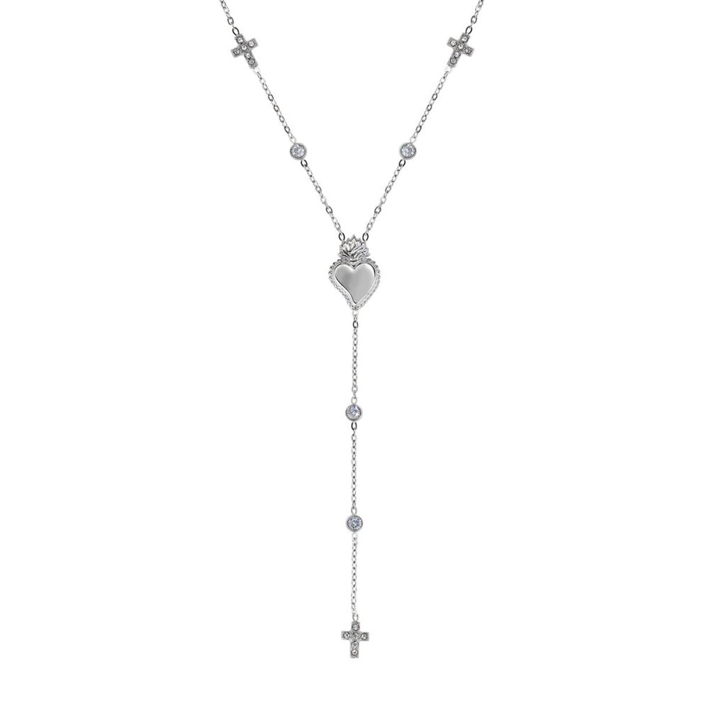 Amen Collana Acciaio Cuore Sacro Croce e Zirconi