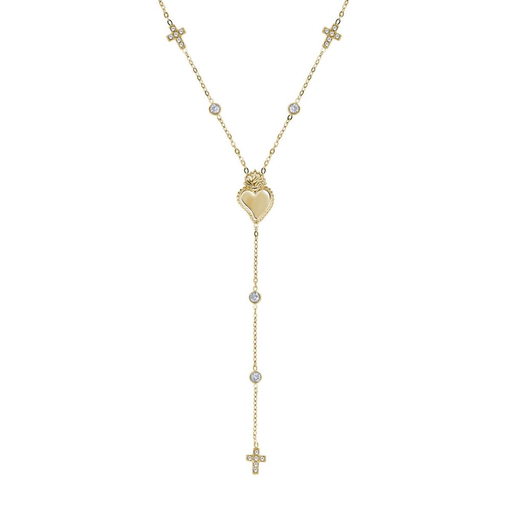 Amen Collana Acciaio Gold Cuore Sacro Croce e Zirconi