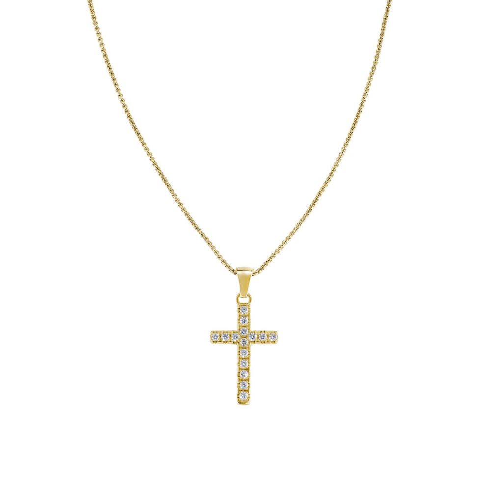 Amen Collana Acciaio Gold Croce Zirconi Bianchi