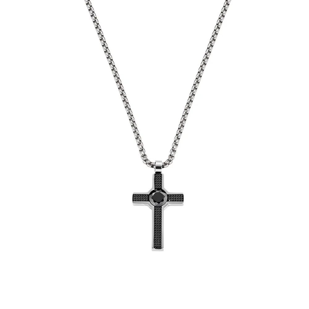 Amen Collana Acciaio Croce con Zircone Nero