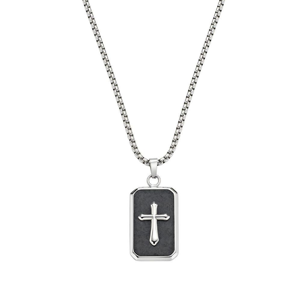 Amen Collana Acciaio Piastra in Carbonio con Croce