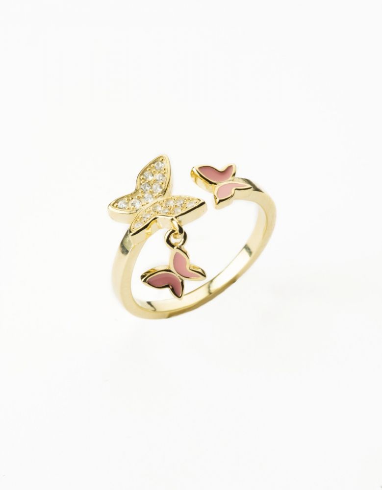 Barbieri Anello Argento Gold Farfalle Zirconi e Smalto Rosa