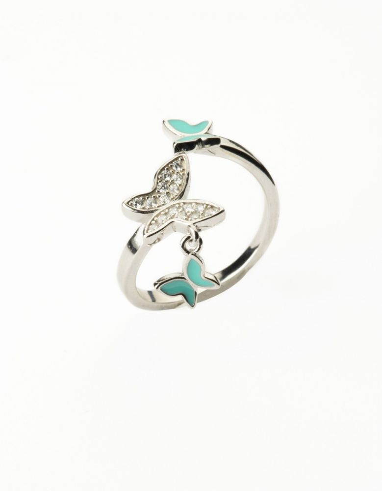Barbieri Anello Argento Farfalle Zirconi e Smalto Turchese