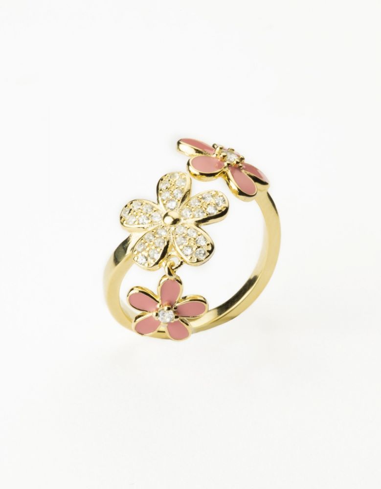 Barbieri Anello Argento Gold Fiori Zirconi e Smalto Rosa