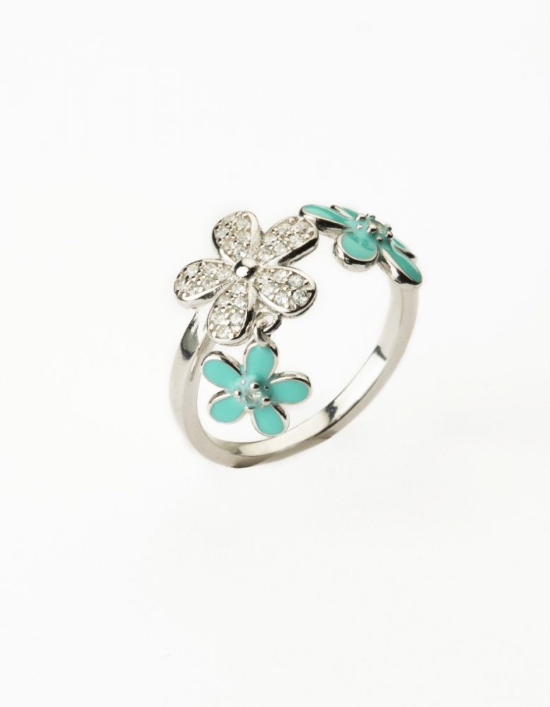 Barbieri Anello Argento Fiori Zirconi e Smalto Turchese