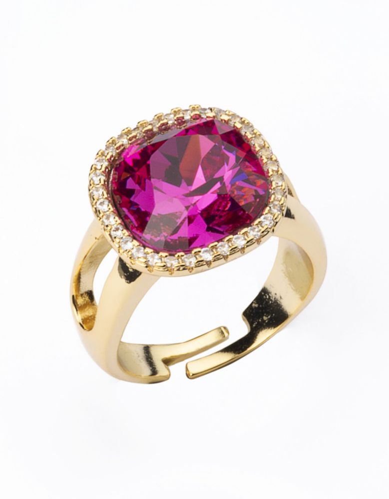 Barbieri Anello Metallo Dorato Magenta e Zirconi