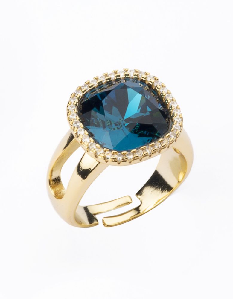 Barbieri Anello Metallo Dorato Blu Pavone e Zirconi