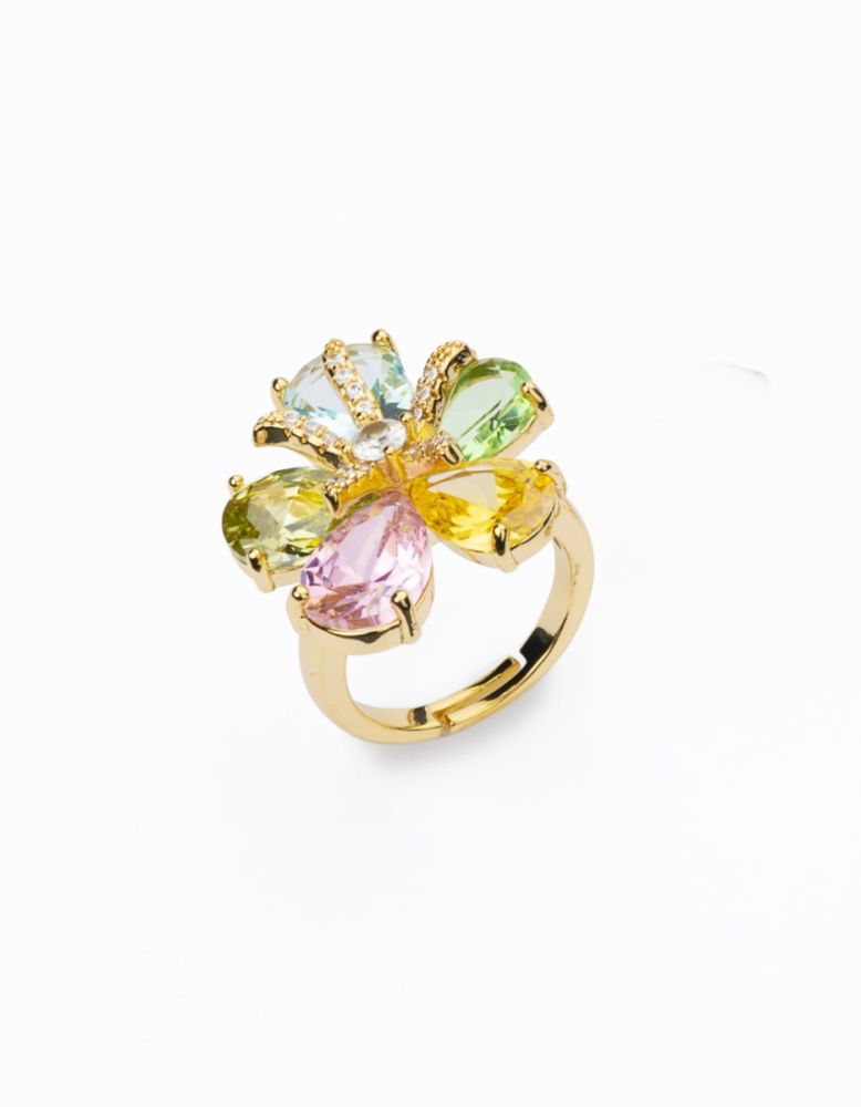 Barbieri Anello Metallo Dorato Fiore Multicolor