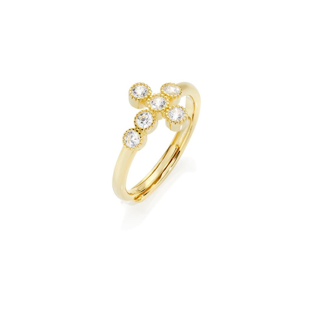 Amen Anello Argento Gold Croce di Zirconi Bianchi