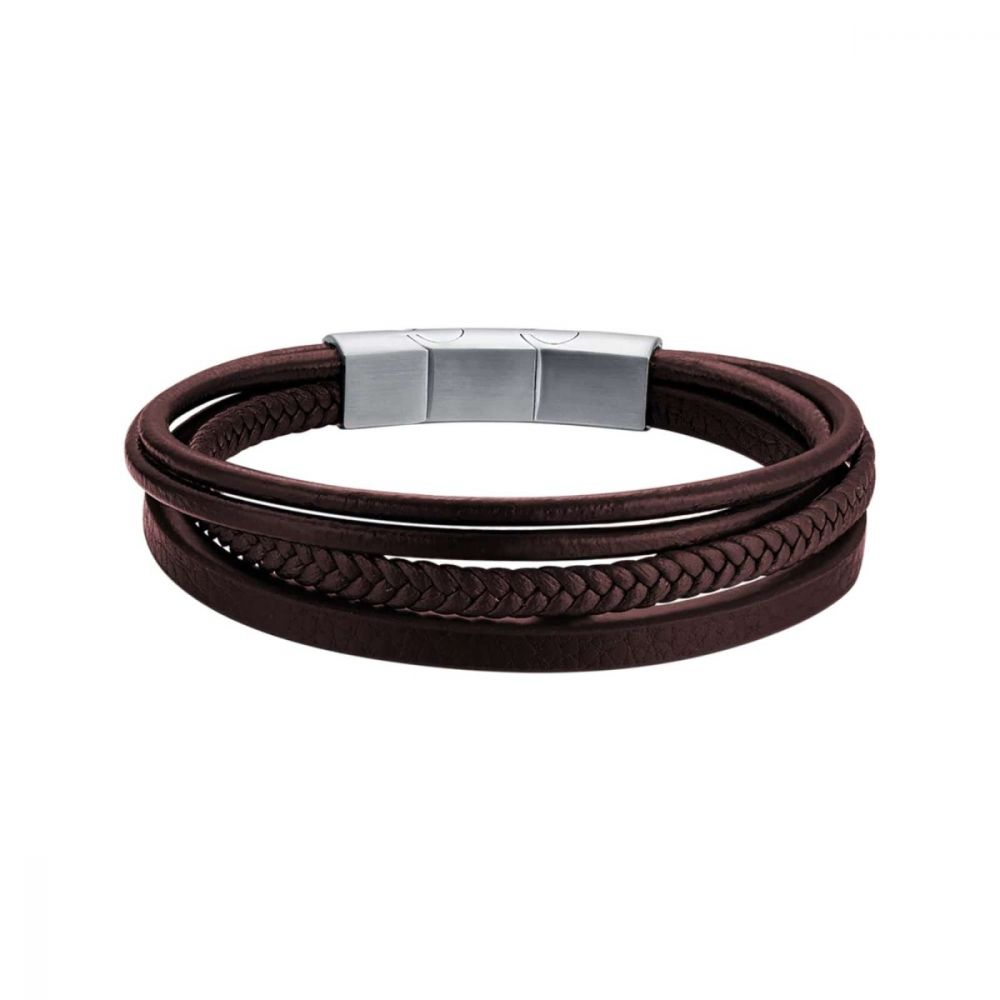 Luca Barra Bracciale Multifilo Uomo Pelle Marrone e Acciaio