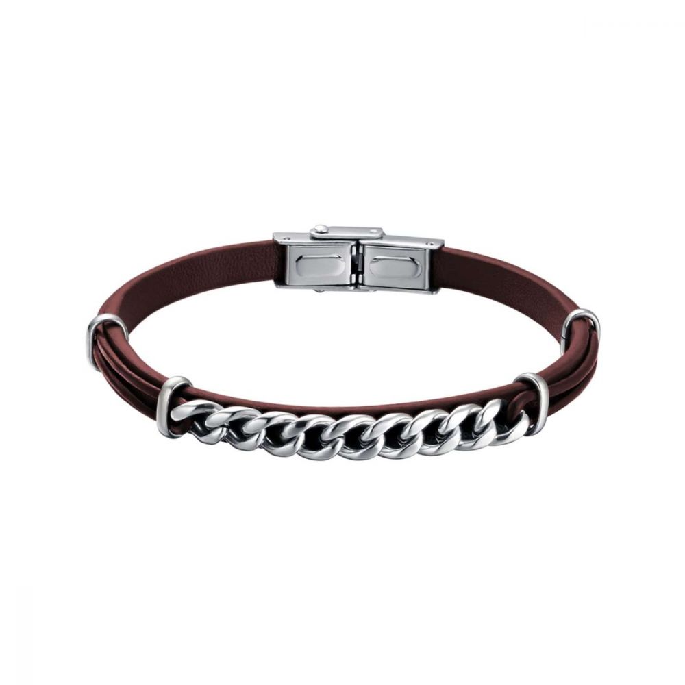 Luca Barra Bracciale Uomo Pelle Marrone e Catena Acciaio