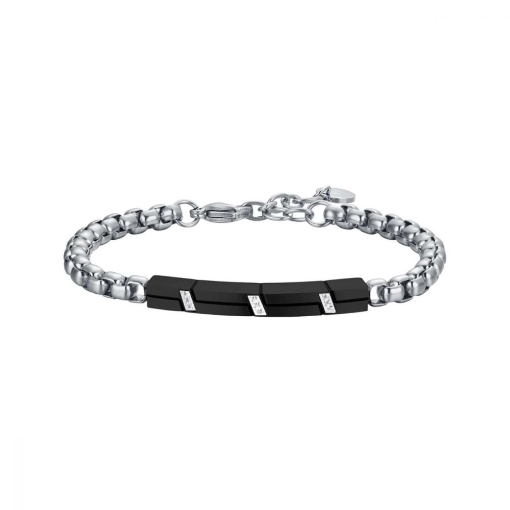 Luca Barra Bracciale Acciaio con Catena e Piastra ip Nero Cristalli Bianchi
