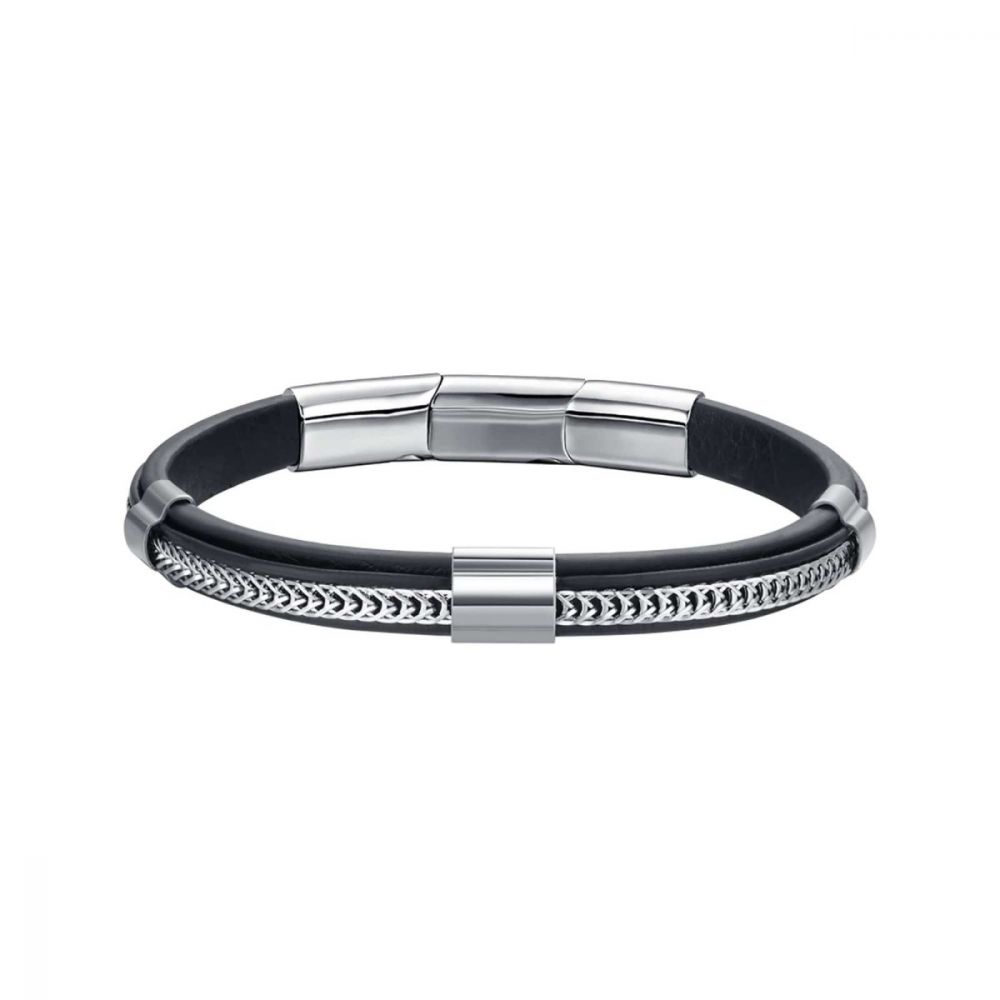 Luca Barra Bracciale Uomo Acciaio e Pelle Nera