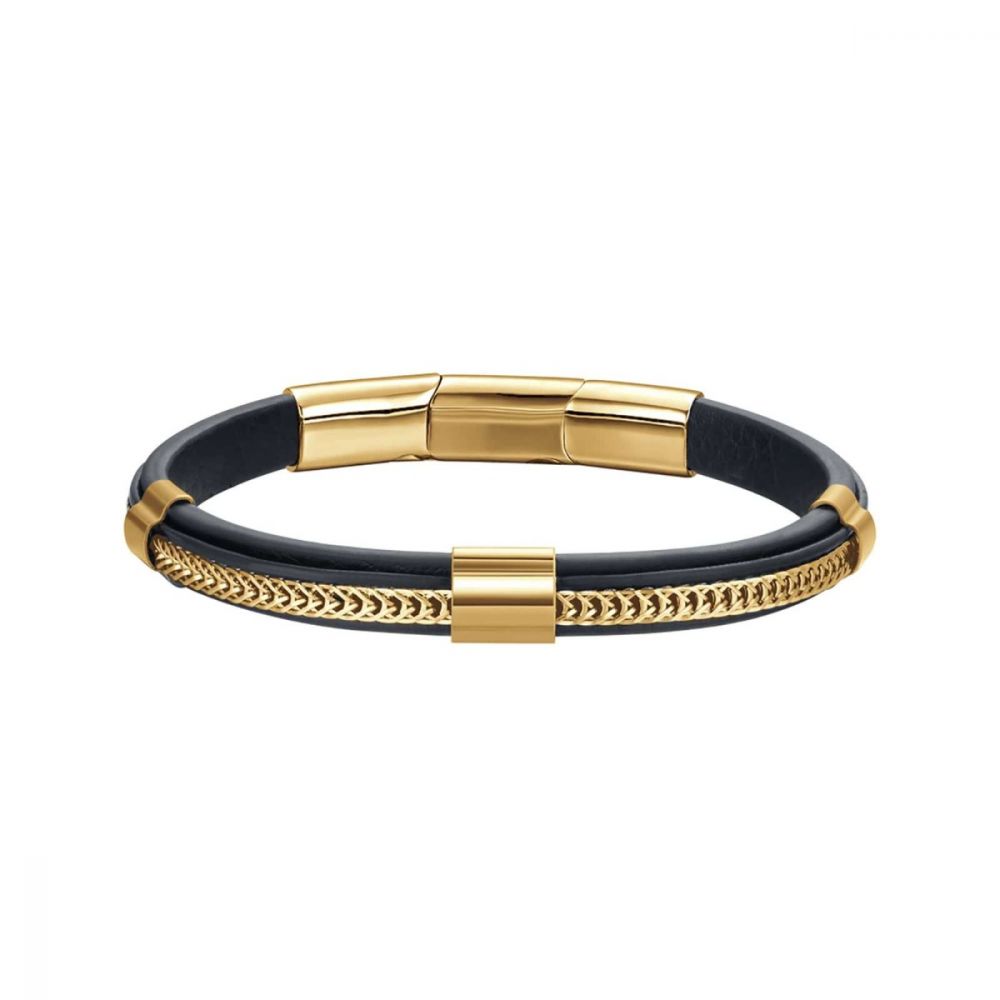 Luca Barra Bracciale Uomo Acciaio Gold e Pelle Nera