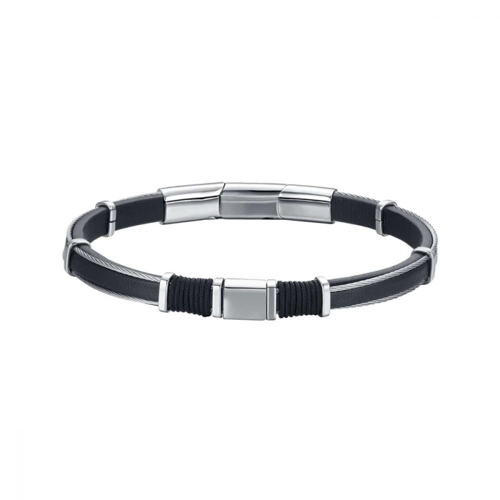Luca Barra Bracciale Uomo Pelle Nera e Acciaio