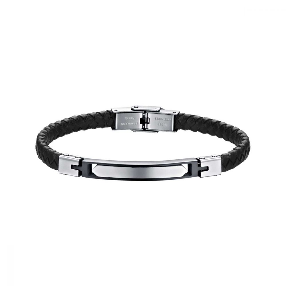 Luca Barra Bracciale Uomo Pelle Nera e Piastra Acciaio Nero