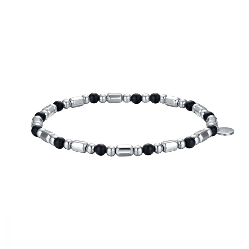 Luca Barra Bracciale Uomo Elastico Acciaio e Pietre Nere 