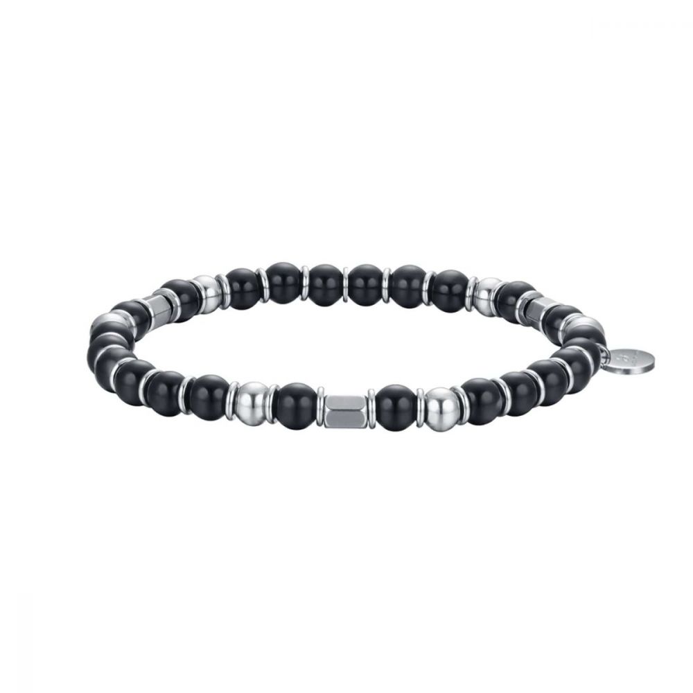 Luca Barra Bracciale Uomo Elastico Acciaio e Pietre Nere