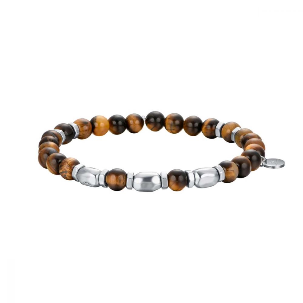 Luca Barra Bracciale Uomo Elastico Acciaio e Pietre Occhio di Tigre