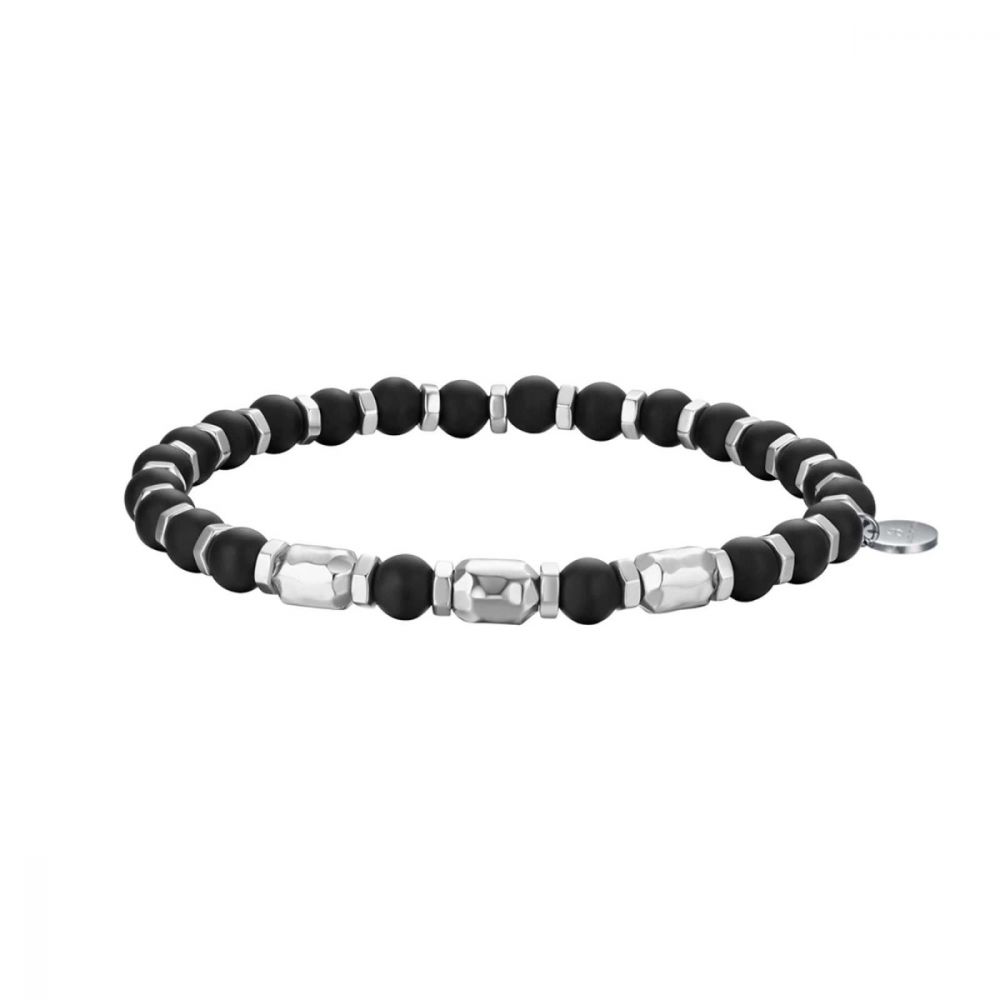 Luca Barra Bracciale Uomo Elastico Acciaio e Pietre Nere