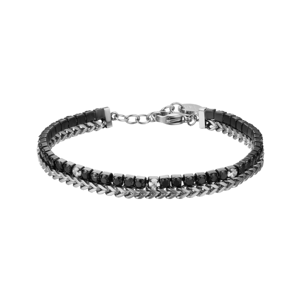 Luca Barra Bracciale Uomo Acciaio e Cristalli Neri-Bianchi