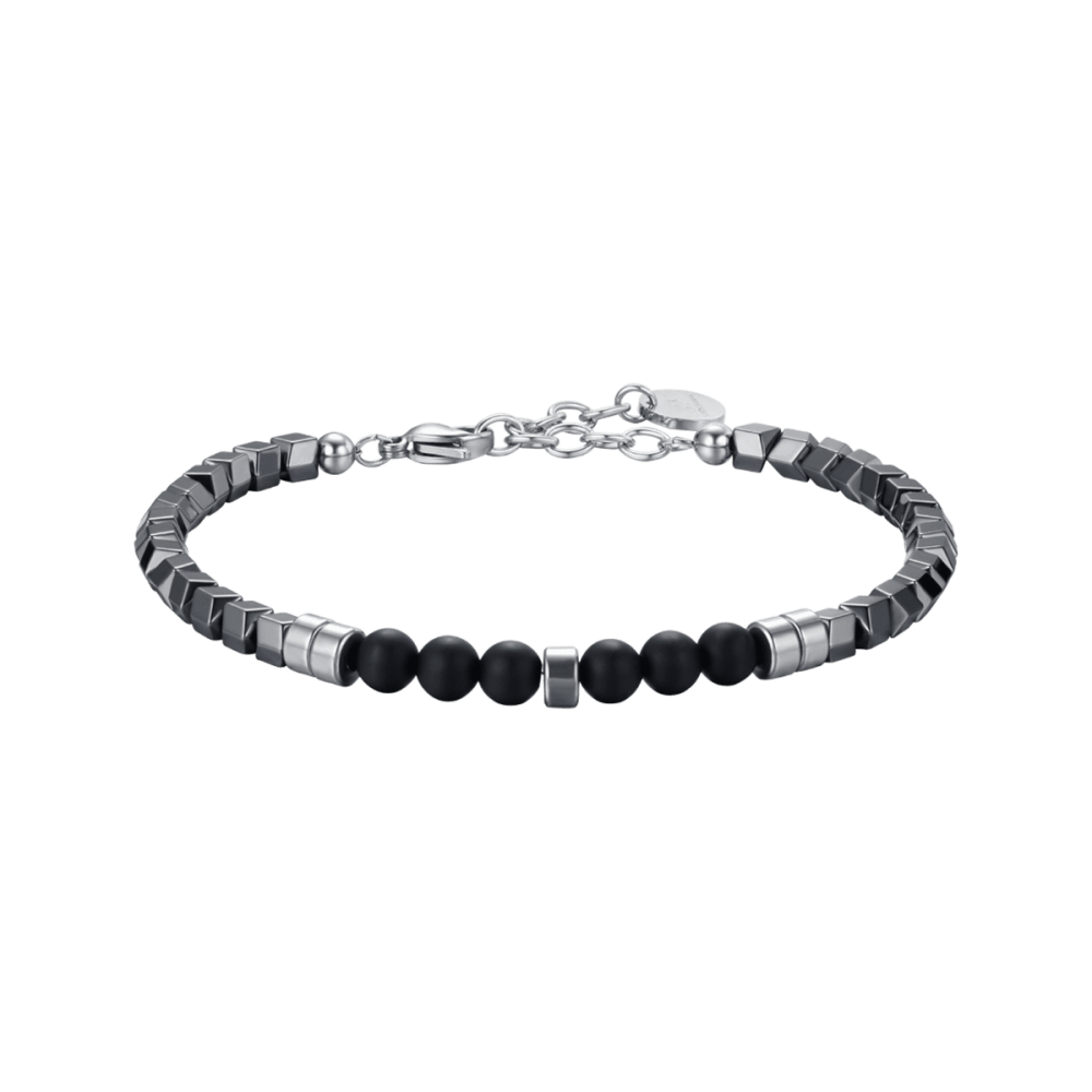 Luca Barra Bracciale Uomo Acciaio Ematite Grigia e Pietre Nere