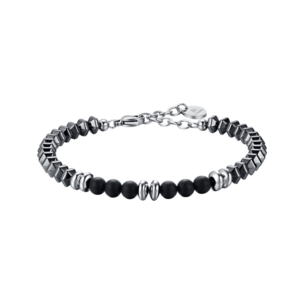 Luca Barra Bracciale Uomo Acciaio Ematite Grigia e Pietre Nere