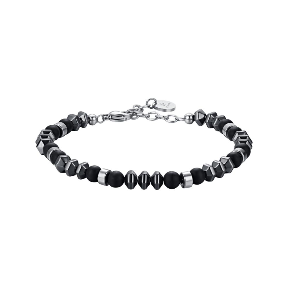 Luca Barra Bracciale Uomo Acciaio Ematite Grigia e Pietre Nere