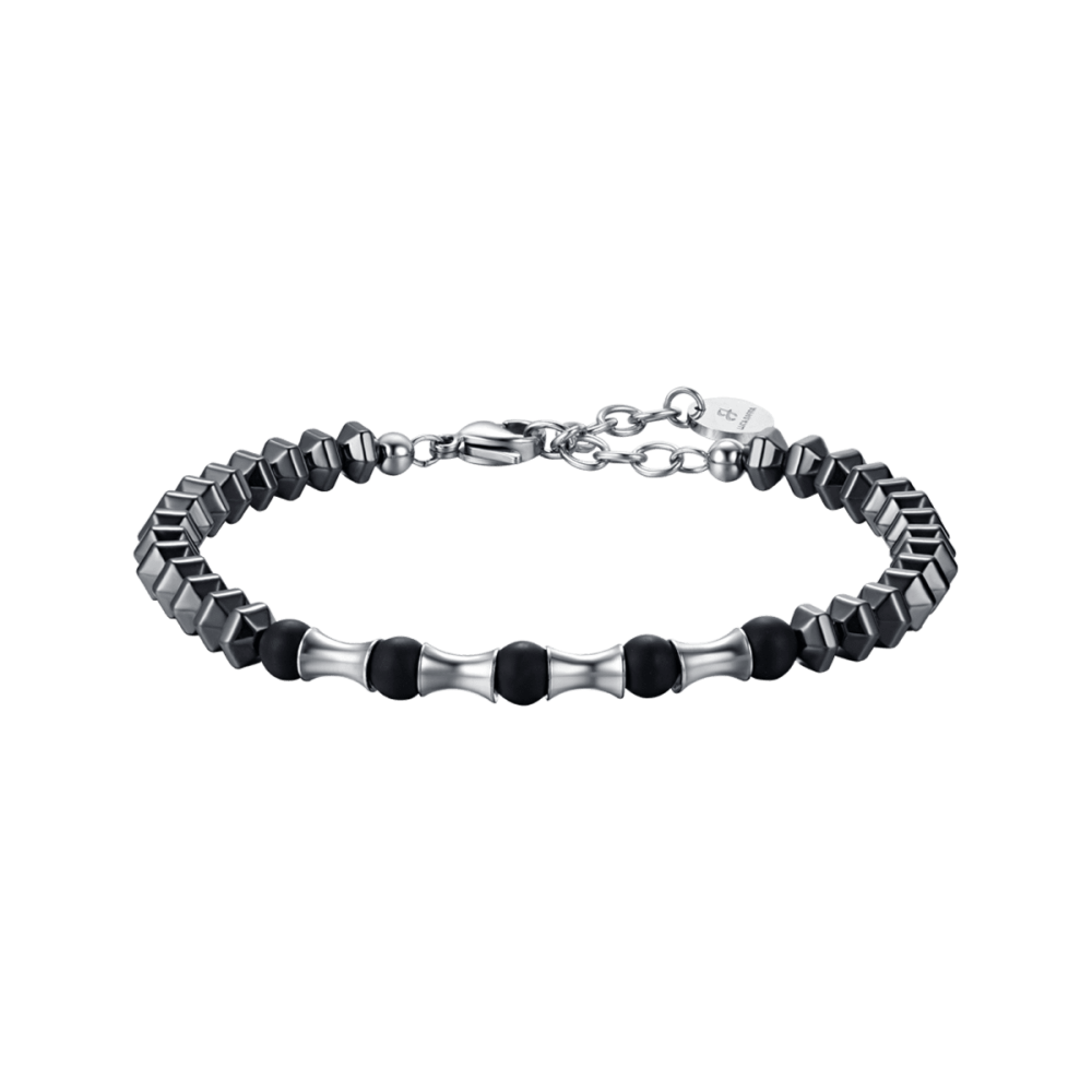 Luca Barra Bracciale Uomo Acciaio Ematite Grigia e Pietre Nere