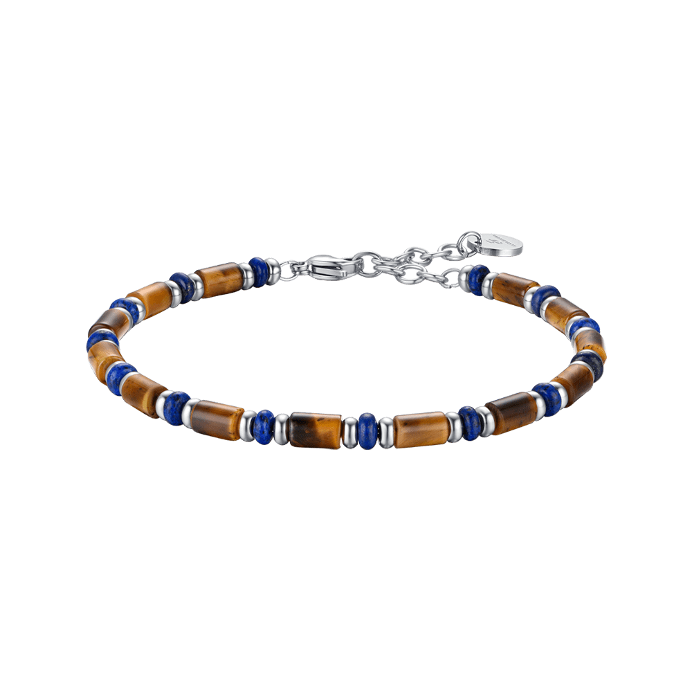 Luca Barra Bracciale Acciaio Pietre Occhio di Tigre e Blu