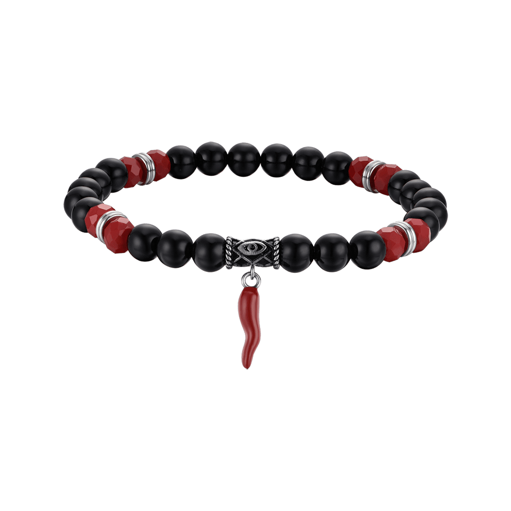 Luca Barra Bracciale Elastico Pietre Nere Rosse e Cornetto